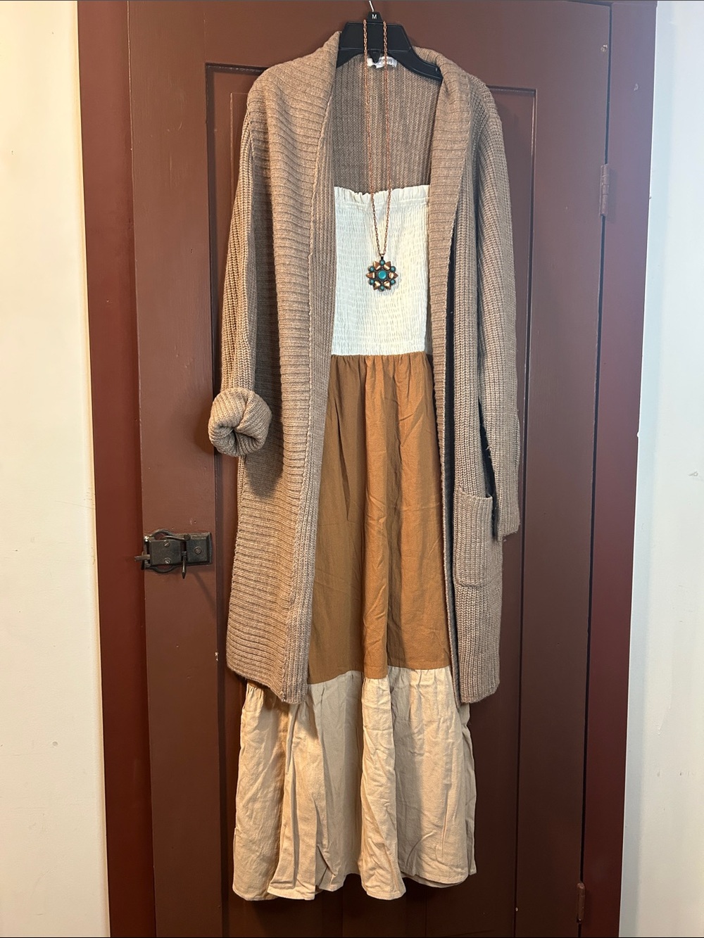 Boho Tiered Maxi Skirt in Brown and Cream
